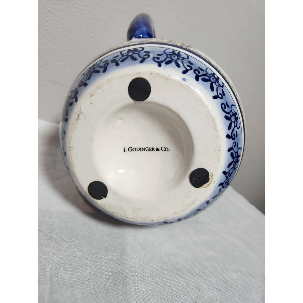 I. Godinger & Co. Ceramic Pitcher Blue Yellow Mediterranean Floral Vase 9.5in